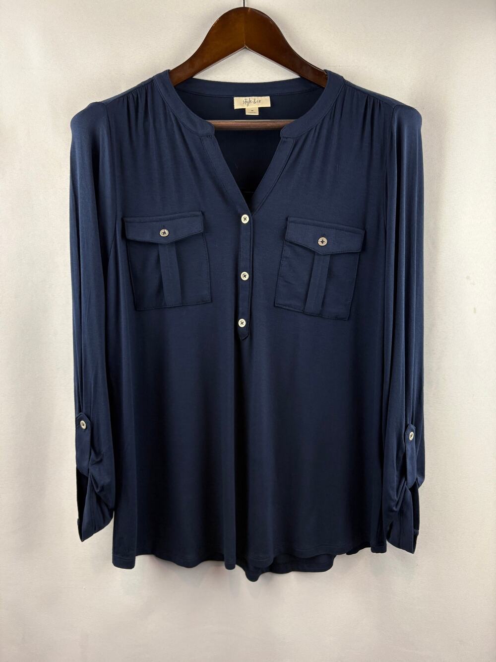 Women’s Style&Co Medium Navy Blue Half Button Blouse